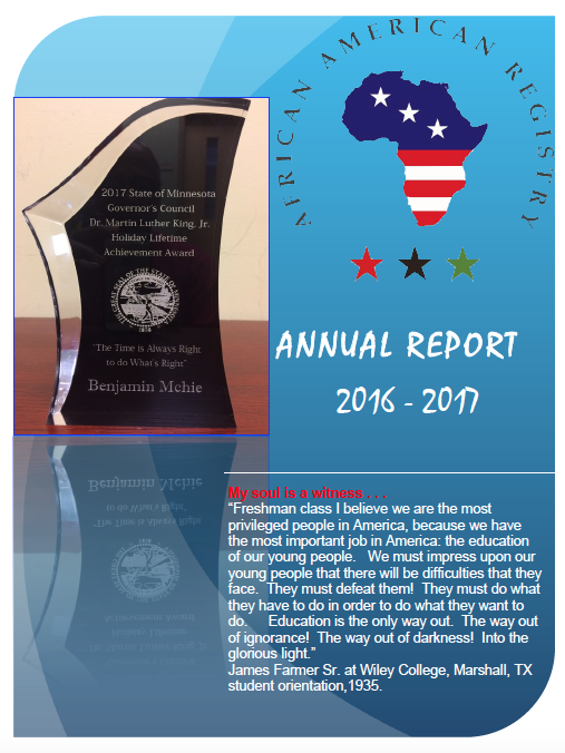 A trophy awarded by the Minnesota Governor's Council to Dr. Martin Luther King Jr. for his lifetime achievement. The image includes a quote by Benjamin Mechie and features the heading "ANNUAL REPORT 2016 - 2017" at the bottom.
