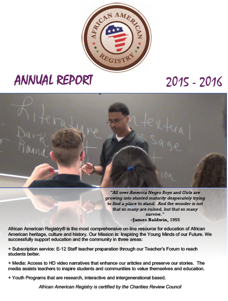 Cover of the African American Registry's Annual Report for 2015-2016, featuring a classroom scene with a teacher engaging students. Text includes a quote by James Baldwin and outlines the organization's mission to educate about African American heritage.