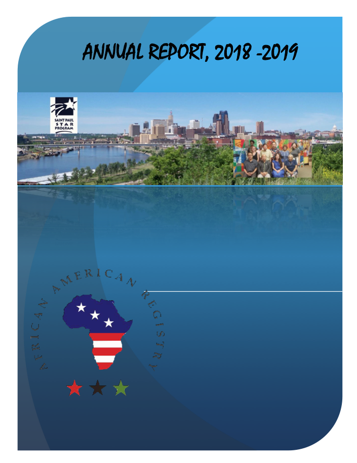 Cover of the Annual Report for 2018-2019 for the African American Registry. It features a blue background with a photograph of a city skyline and a group of people outdoors. The report title and the organization’s logo are prominently displayed.