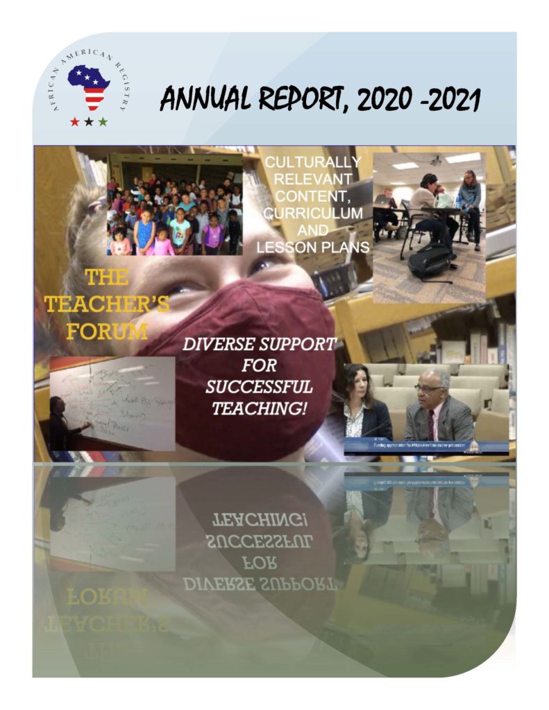 Cover of the Annual Report 2020-2021 featuring the title at the top, images of diverse groups of teachers and classrooms, and phrases highlighting culturally relevant content and diverse support for successful teaching.