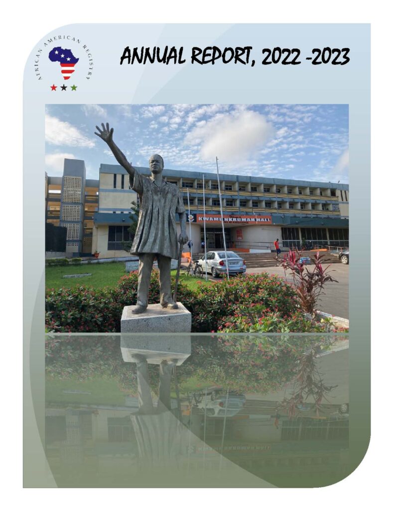 Cover of an Annual Report for 2022-2023 featuring a statue of a figure with an outstretched arm, in front of a modern building. The background shows a partly cloudy sky and landscaping with bushes.
