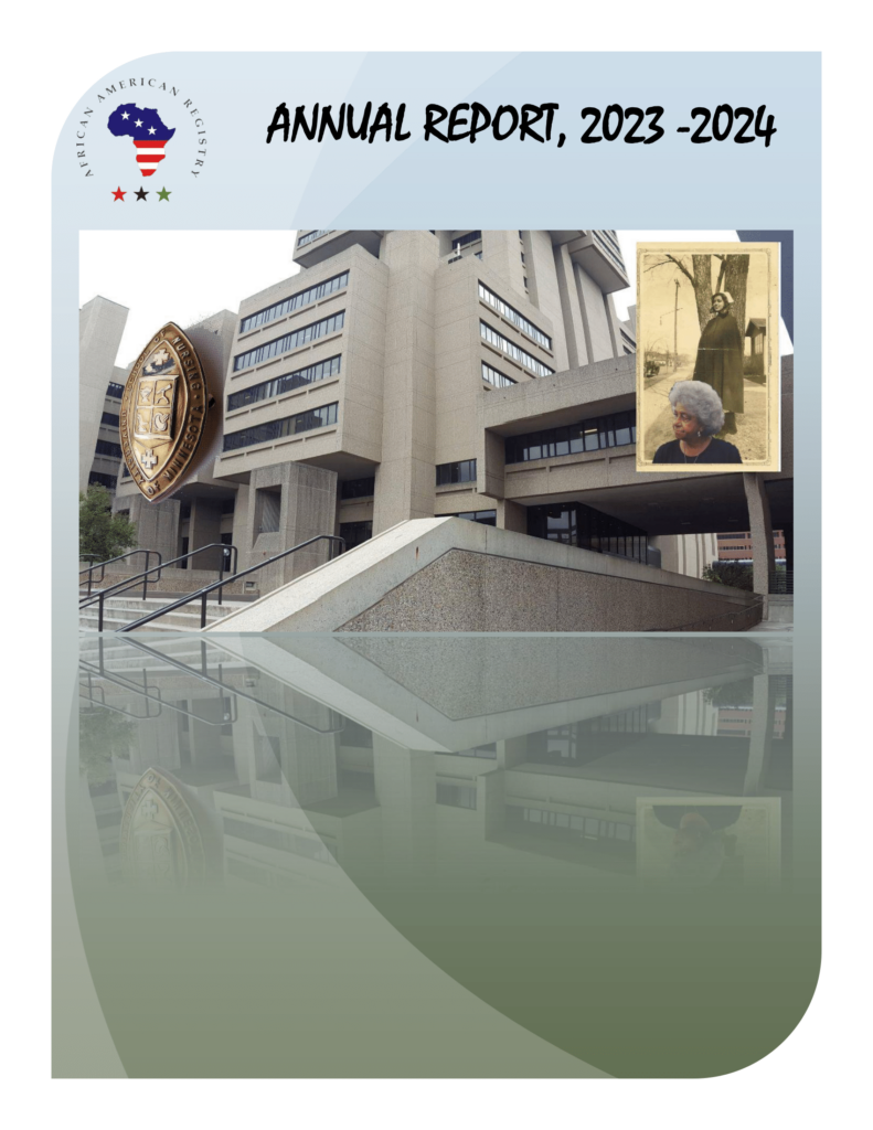 Cover of the Annual Report 2023-2024 featuring a modern building with a large emblem and flowing steps. An inset photo shows a woman with curly hair, alongside the report title and a logo featuring an American flag design.