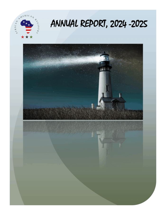 Cover of the Annual Report for 2024-2025, featuring a lighthouse illuminated by light against a starry night sky. The reflection of the lighthouse is visible in calm water below, with a gradient background transitioning from white to green.