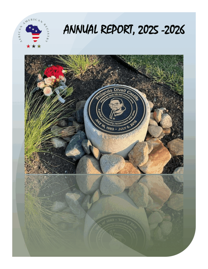 A memorial with a plaque dedicated to Philando Castile, surrounded by flowers and rocks, sits on a patch of grass. The image includes the text "Annual Report, 2025-2026" at the top, positioned above the memorial.
