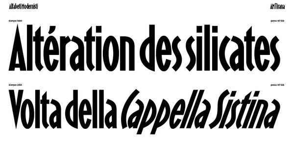 Card displaying AM Tirana typeface in various styles