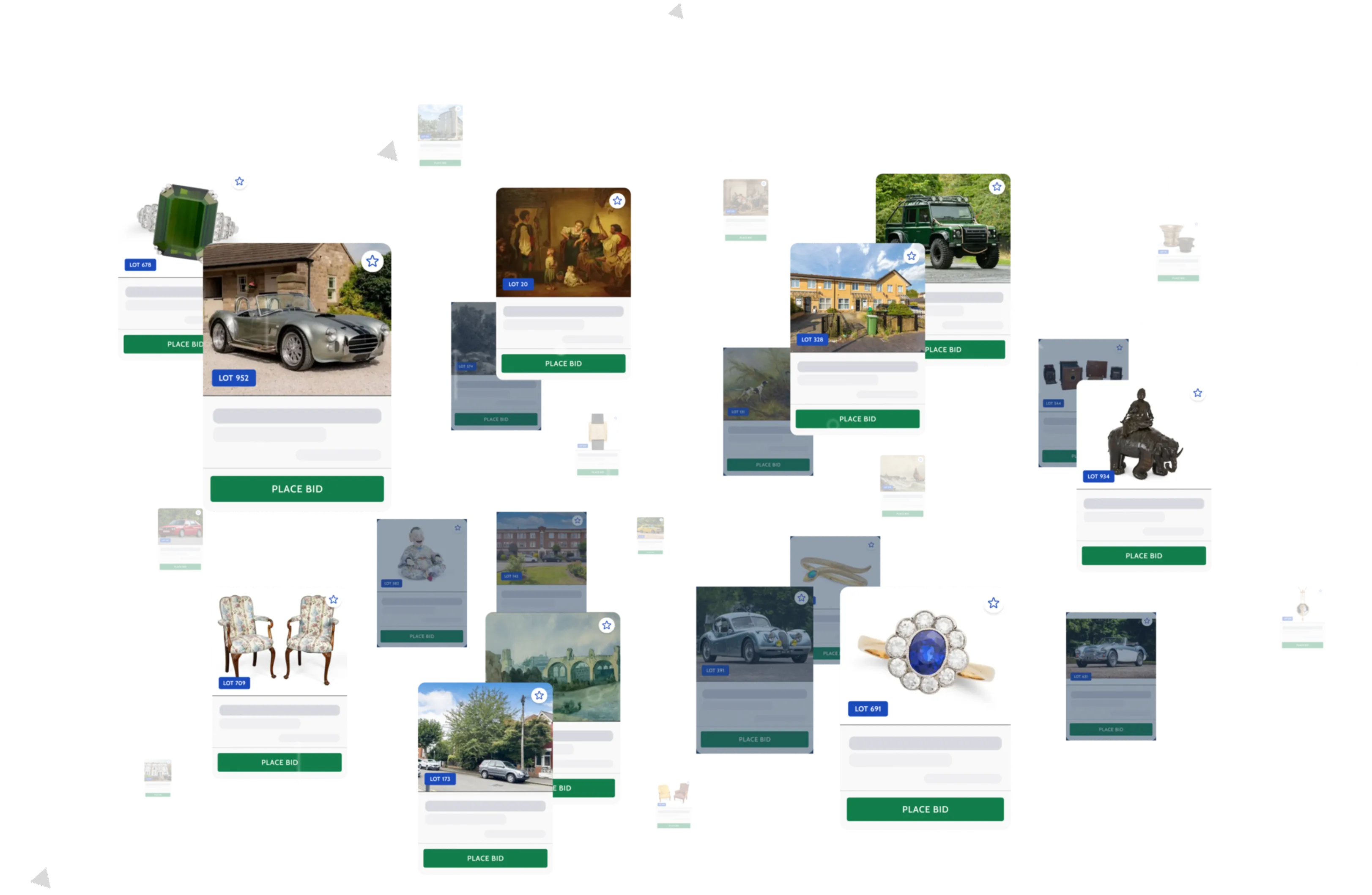 Collage of various auction lot cards showing items like vintage cars, jewelry, art, antiques, and real estate with 'Place Bid' buttons.