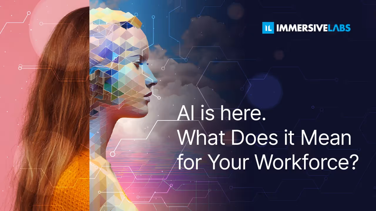 Side profile of a woman merging with a polygonal AI figure with text about AI and workforce from Immersive Labs.