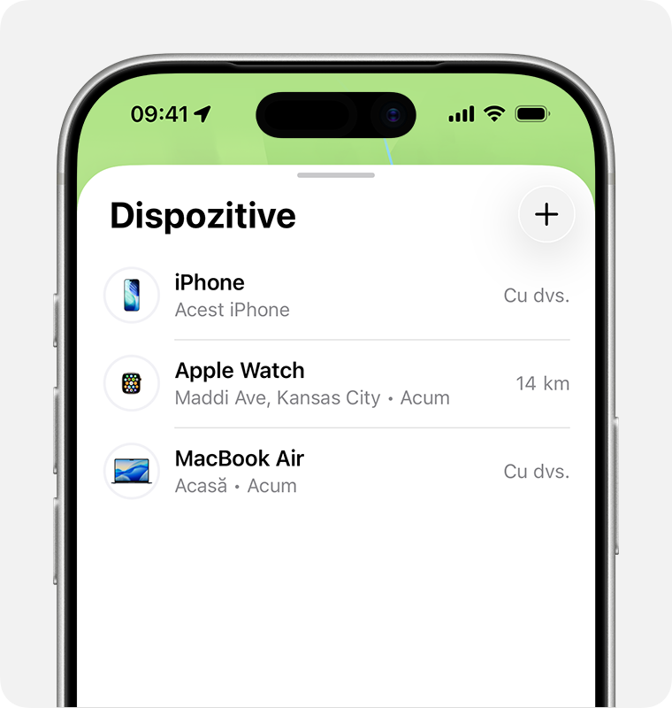 Ecran de iPhone care afișează o listă de dispozitive în aplicația Găsire.