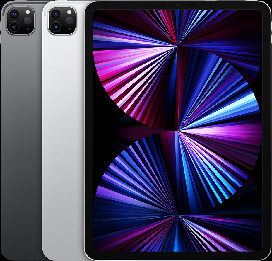 The backs of several iPad devices, side by side, in all available colors, followed by the front of one.