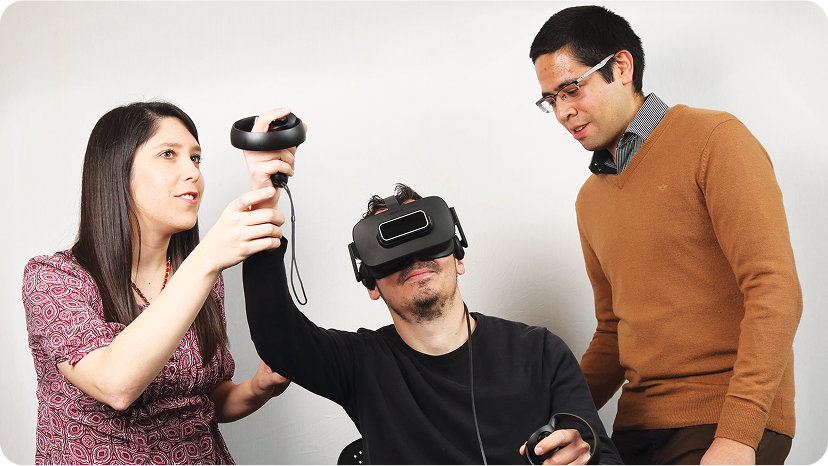 researchers demonstrating VR equipment