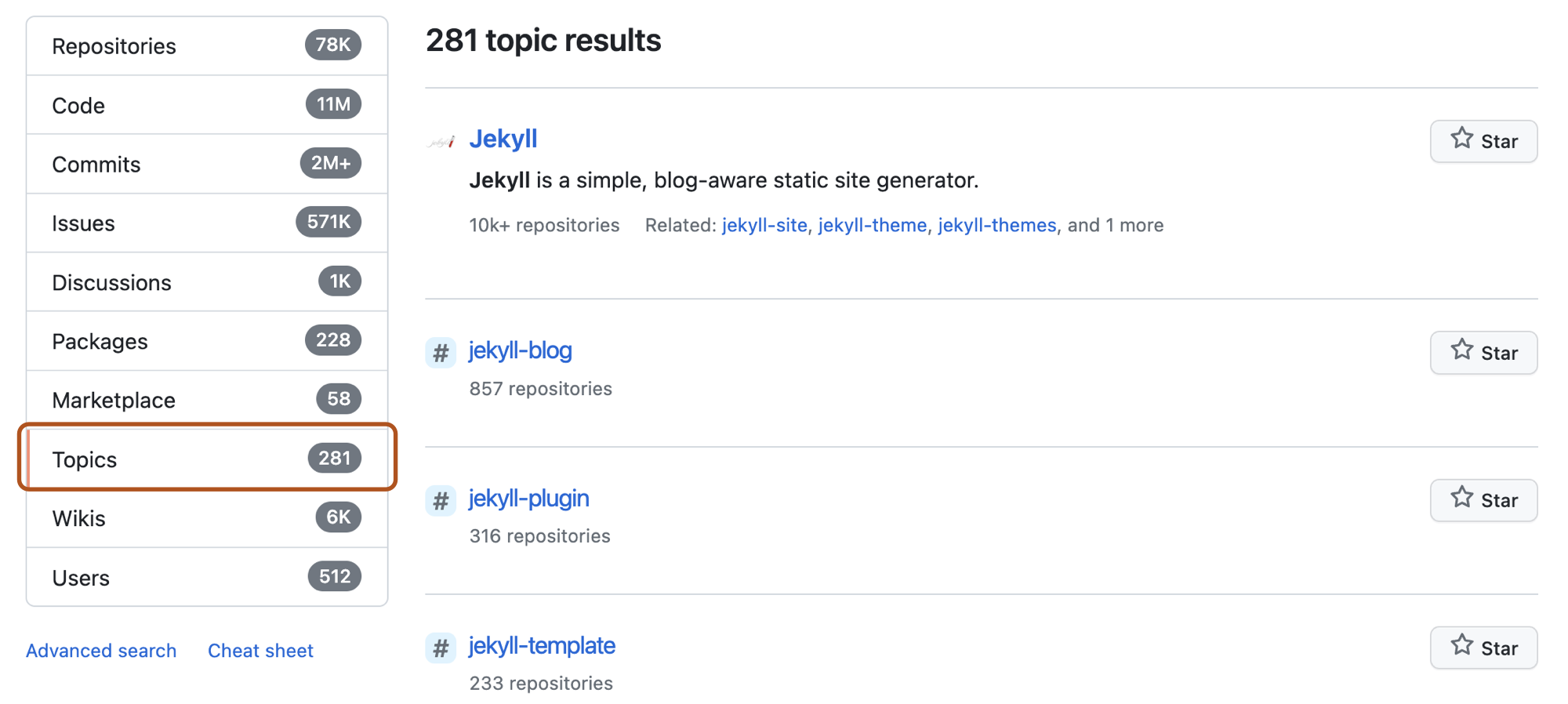 Capture d’écran de la page des résultats de recherche du dépôt pour le terme de recherche « jekyll » avec l’option « Rubriques » dans le menu de gauche encadrée en orange foncé.