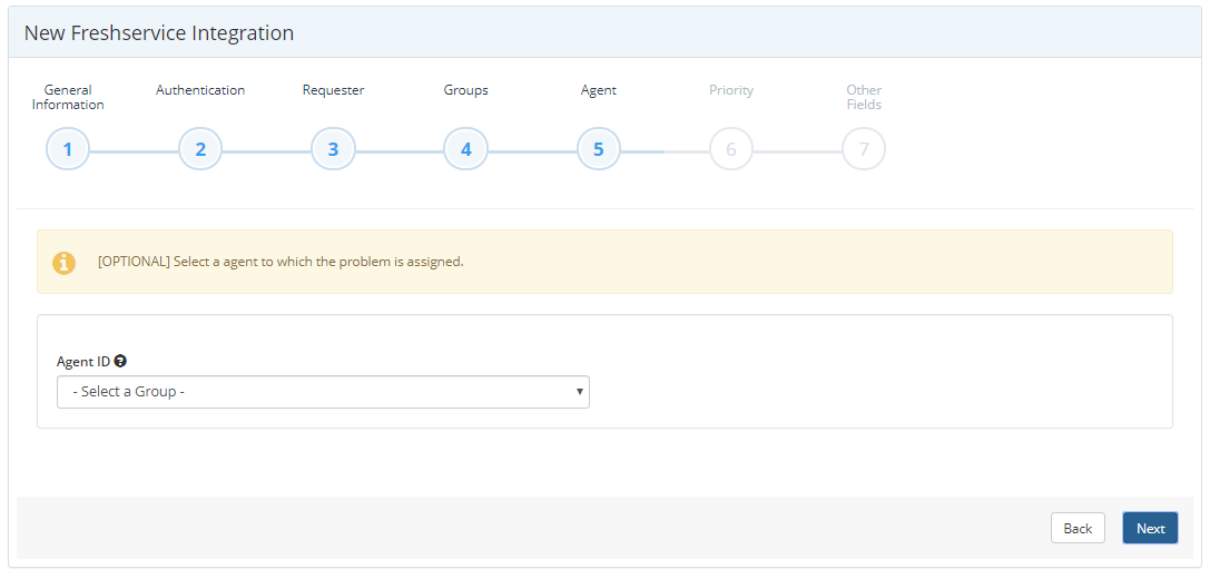 Freshservice integration Agent step showing Agent ID selection options