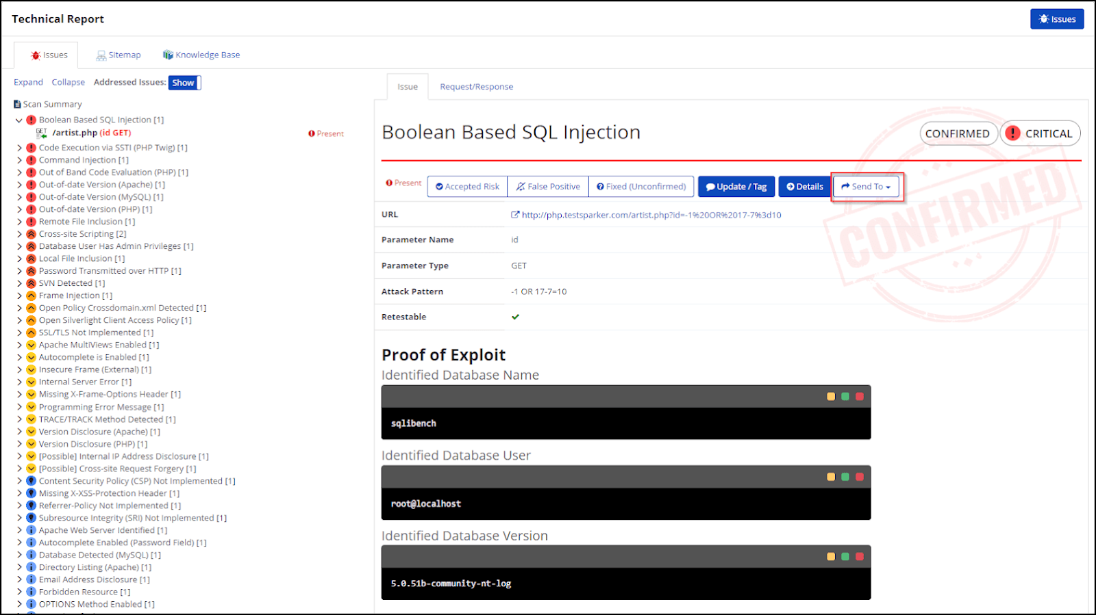 Recent scans page showing Send To Azure Boards option for individual vulnerabilities from scan reports