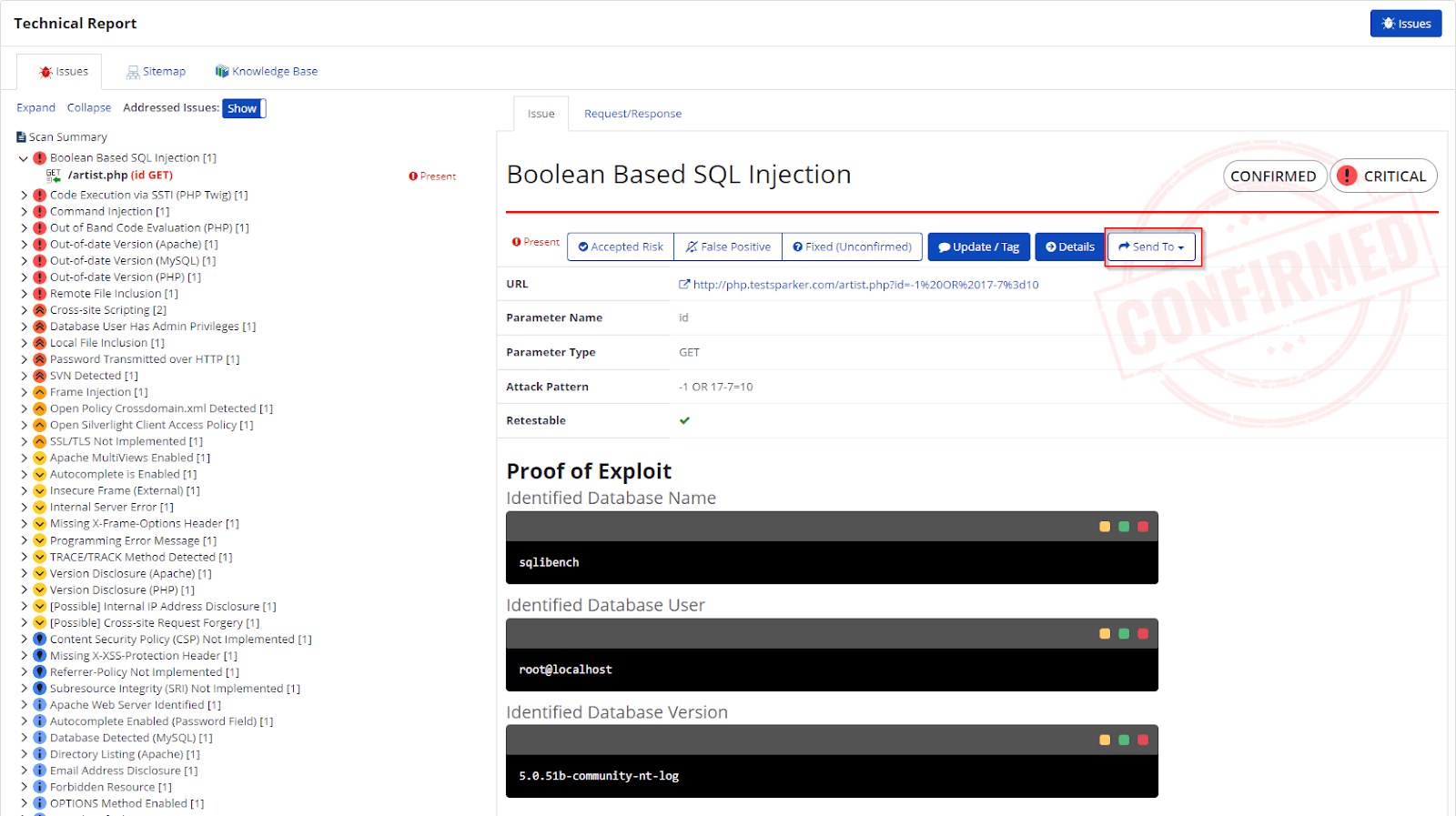 Recent scans Technical Report section showing Send To FogBugz option for individual vulnerabilities