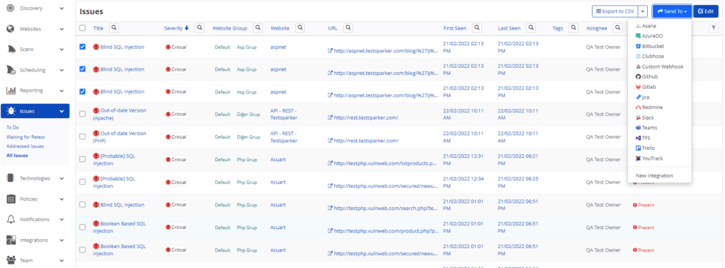 Issues page showing Send To FogBugz option for selected vulnerabilities