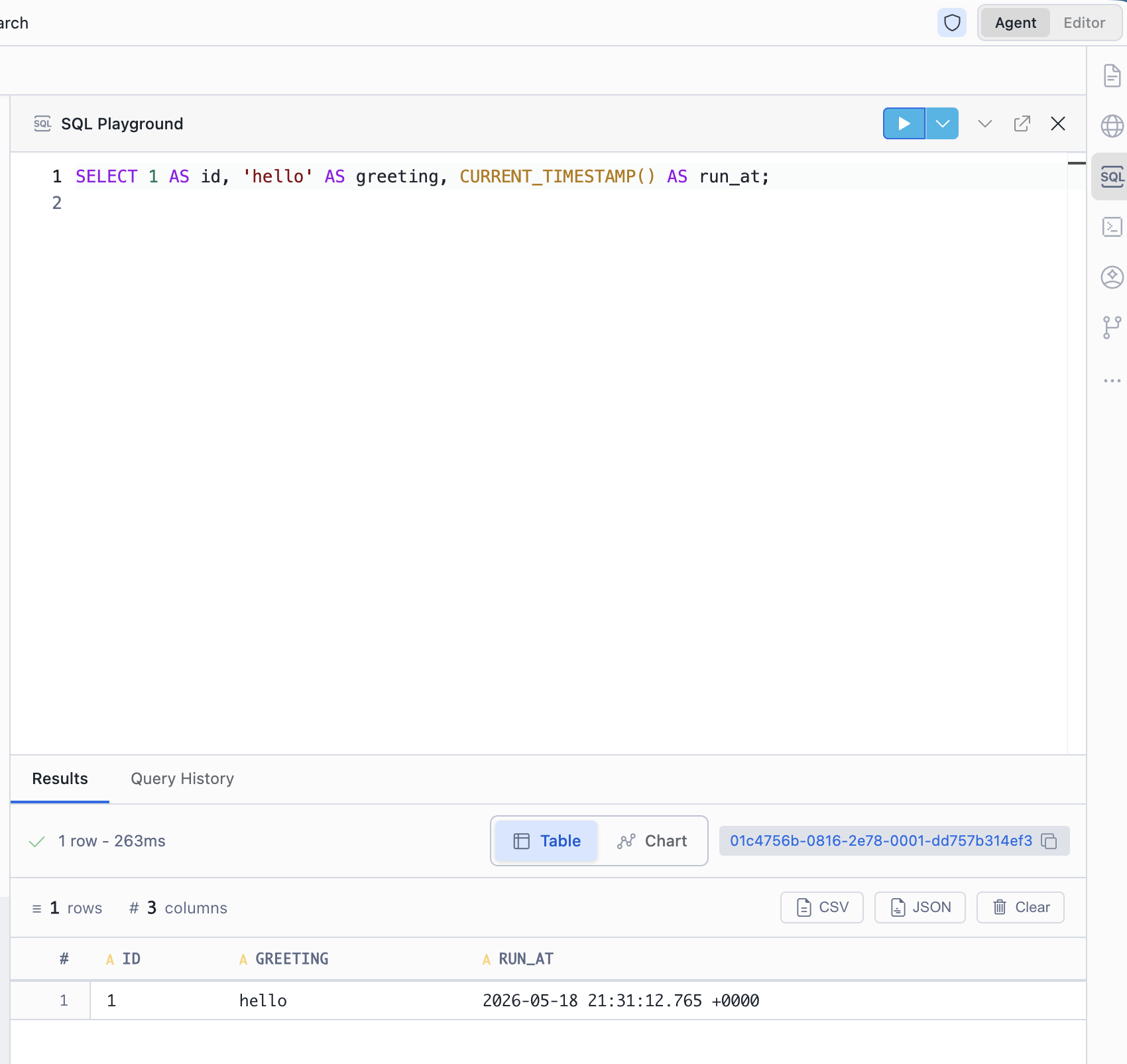 SQL Playground panel in the Agent Manager RHS, showing the toolbar with Run and More Run Options, the SQL editor on top, and the Results / Query History tabs below