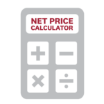 Icon of grey Calculator with "Net Price Calculator" written in large red letters.