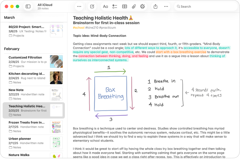 A Notes app window on Mac showing different coloured highlights.