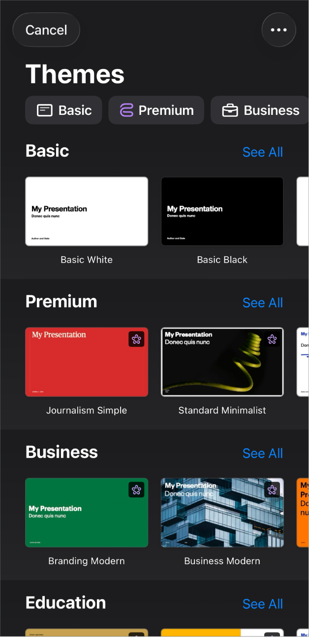 The theme chooser, showing a row of categories across the top that you can tap to filter the options. Below are thumbnails of pre-designed themes arranged in rows by category.