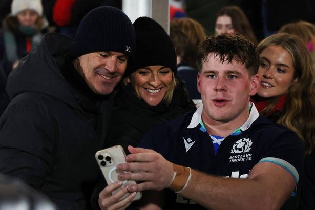 EDINBURGH, SCOTLAND - JANUARY 31: Kenny Logan, Gabby Logan and son Reuben Logan are seen after the Guinness Six Nations U-20 Rugby Championship match between Scotland and Italy at Hive Stadium - Edinburgh Rugby Stadium on January 31, 2025 in Edinburgh, Scotland. (Photo by Ian MacNicol Federugby/Federugby via Getty Images)