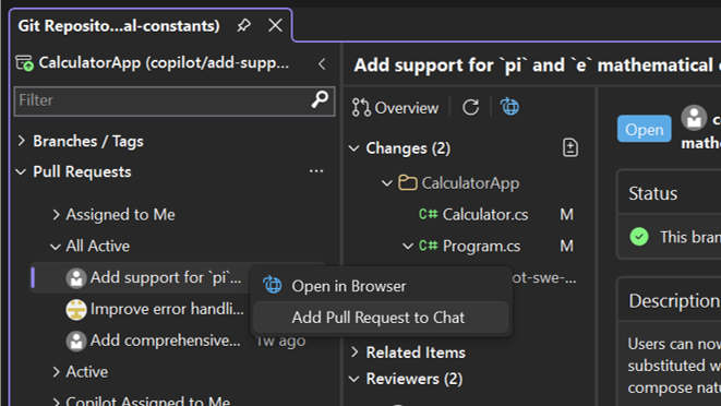 Adding a pull request to Copilot Chat from the Git Repository window