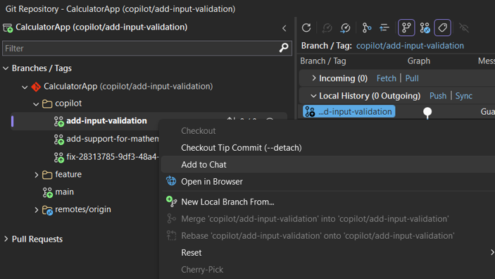 Context menu on a branch in the Git Repository window showing the Add to Chat option