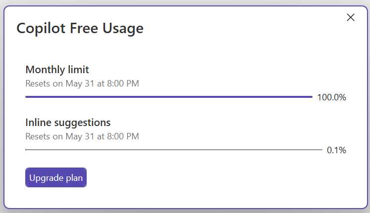 Copilot Usage window showing current usage metrics