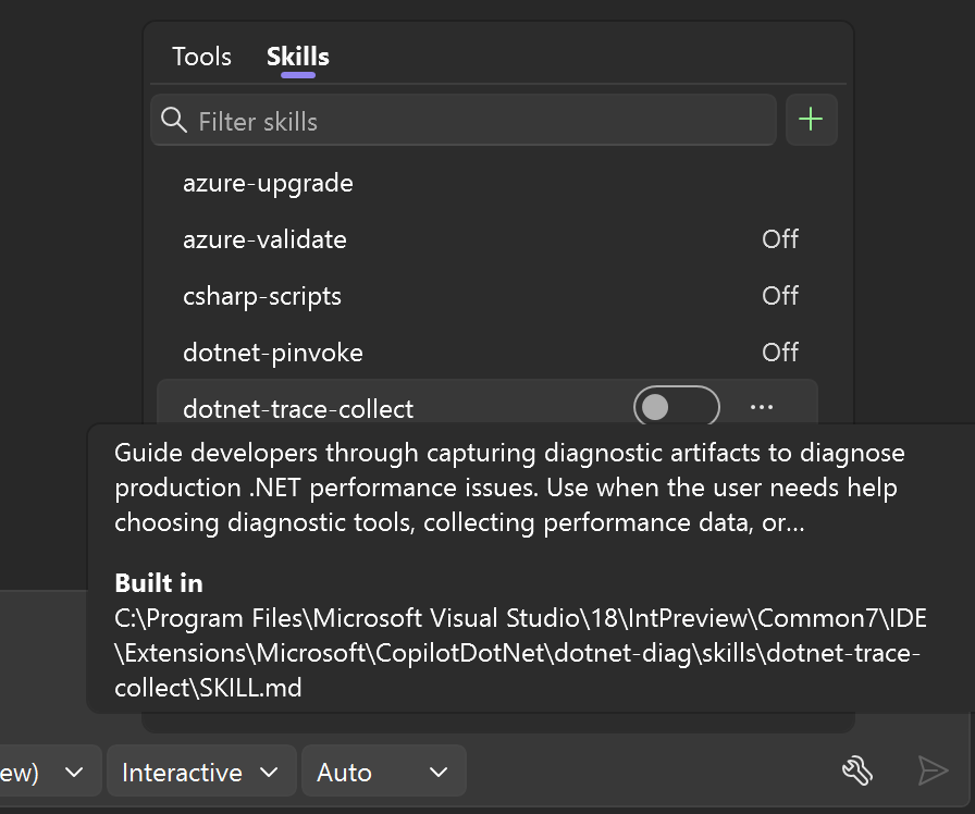 Built-in .NET and Azure skills in tool picker