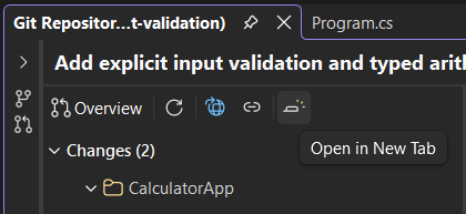 Open in New Tab button in the pull request header toolbar