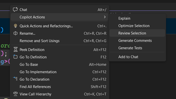 Context menu showing Copilot Actions with Review Selection highlighted