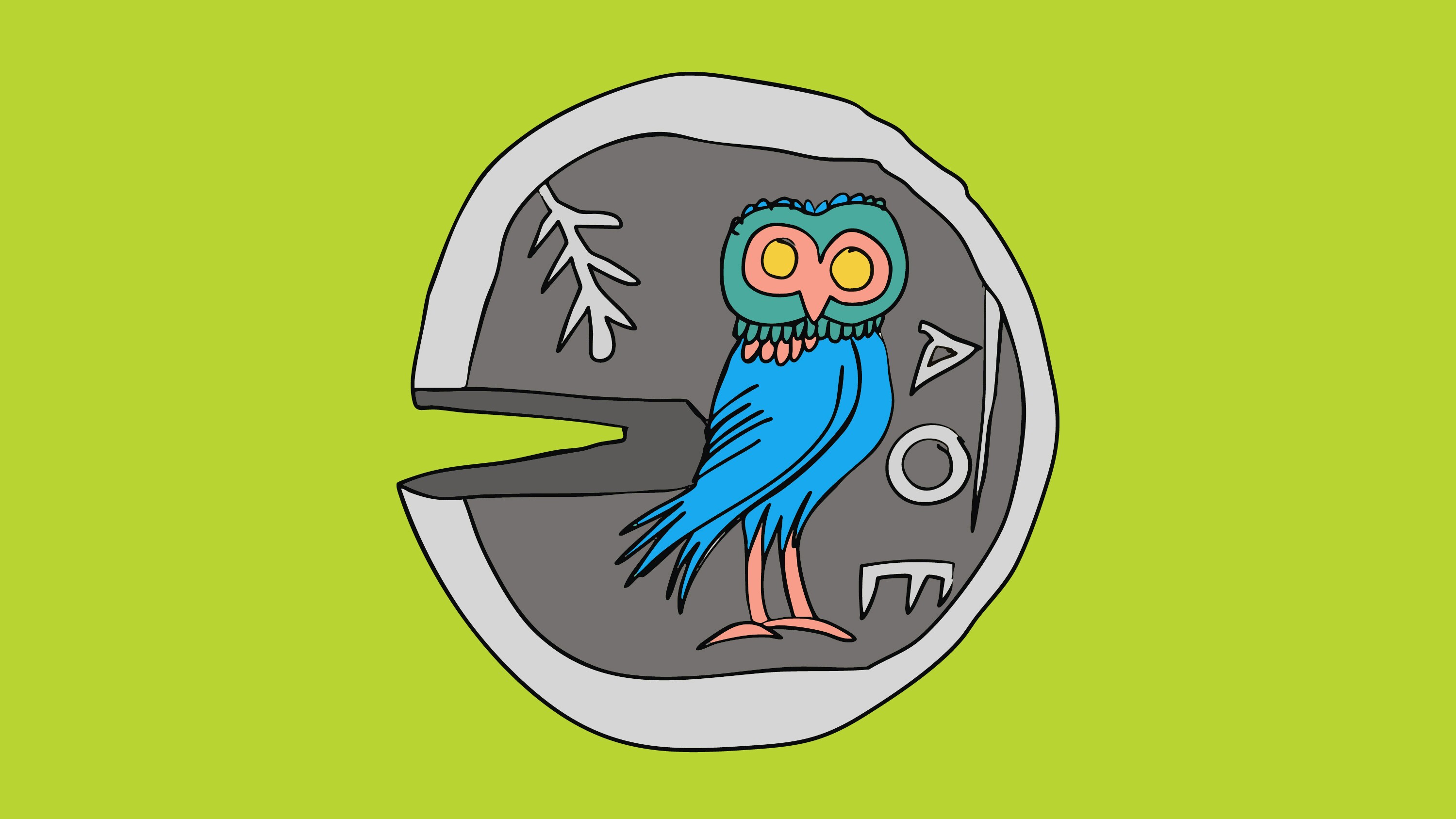 Illustration of a ancient coin featuring an owl over a lime green background.