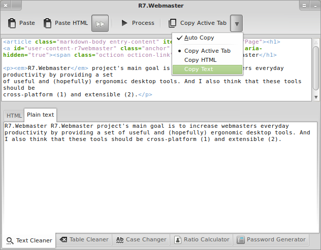 R7.Webmaster main application with TextCleaner addin Screenshot