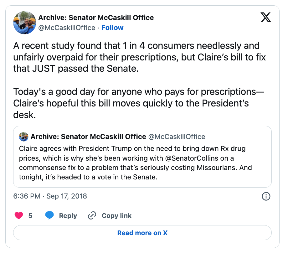 Tweet from Senator McCaskill Ofice