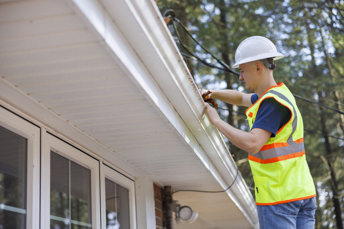 man looking at gutter during home inspection